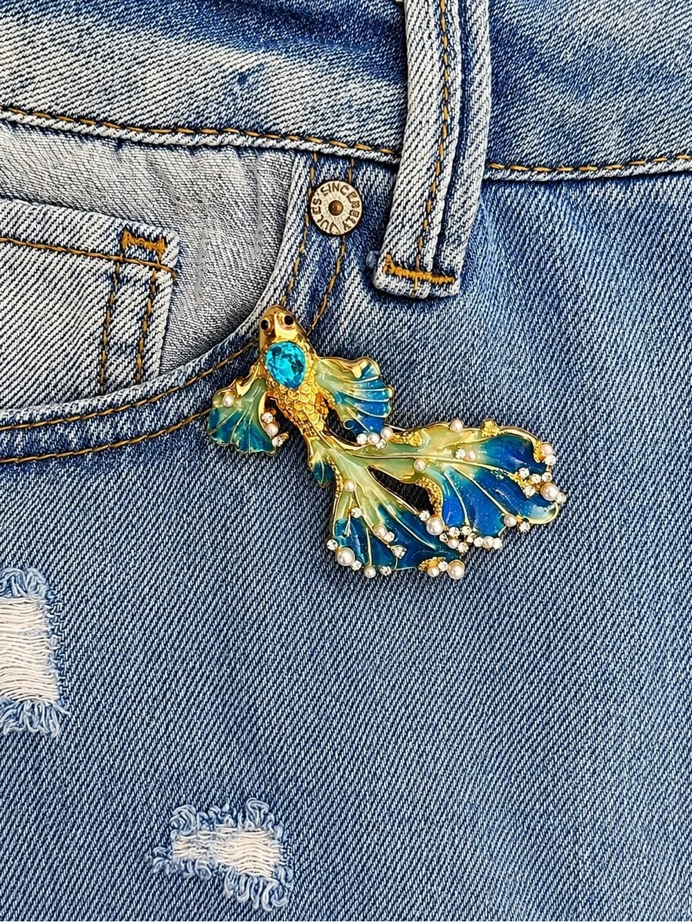 Blue Betta Fish Brooch Enamel Pearl Crystal Gold Tone Statement Pin Gift